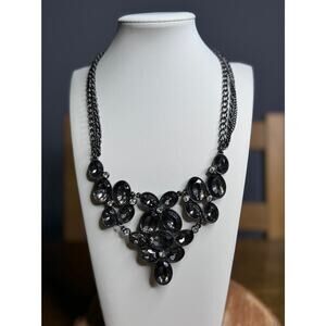 Elegant Black/Smoky Gray Crystal Bib Necklace With Double Strand Chain